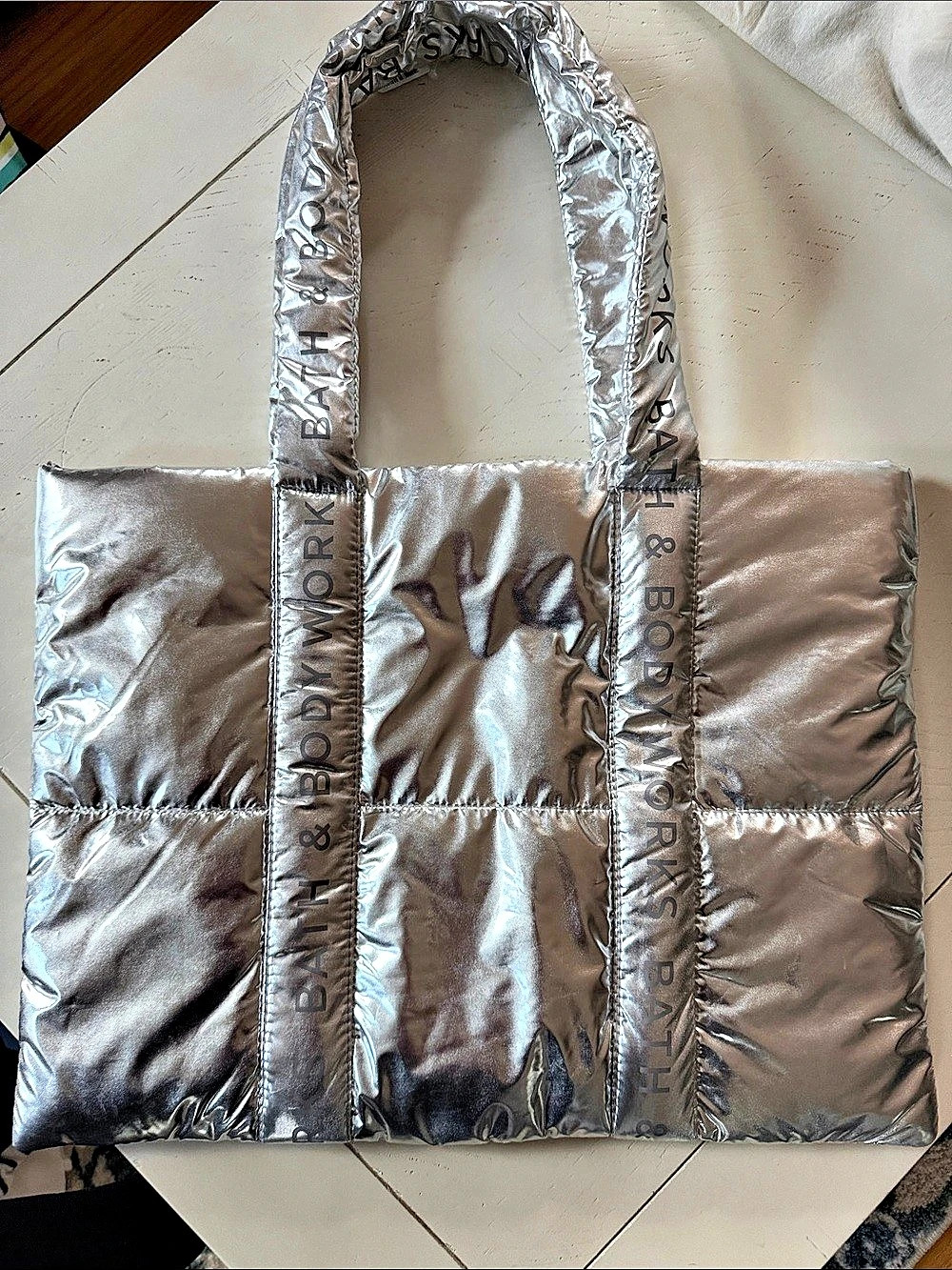 Bath and Body Works  Metallic Quilted Tote in Silver NWT
